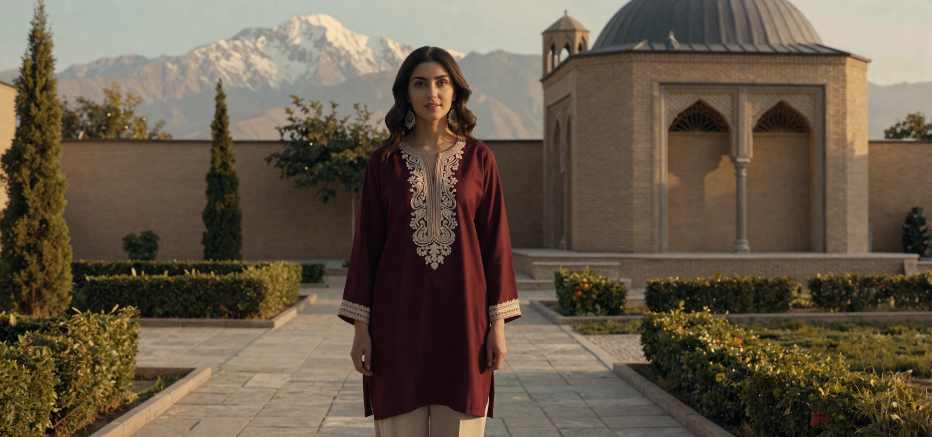 Beautiful Tajik woman in elegant burgundy embroidered tunic standing in a Dushanbe courtyard with Pamir mountain views, representing verified Tajik singles on Foreign Girl Date