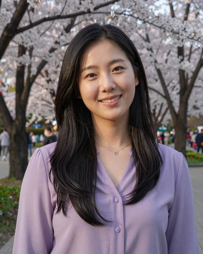 Hana, 25, Korean woman smiling in Seoul park with cherry blossoms