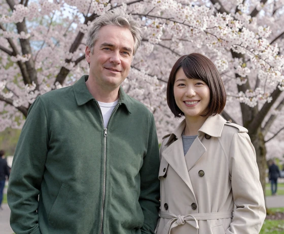 William from UK and Yuki from Japan smiling under cherry blossoms representing successful international asian dating