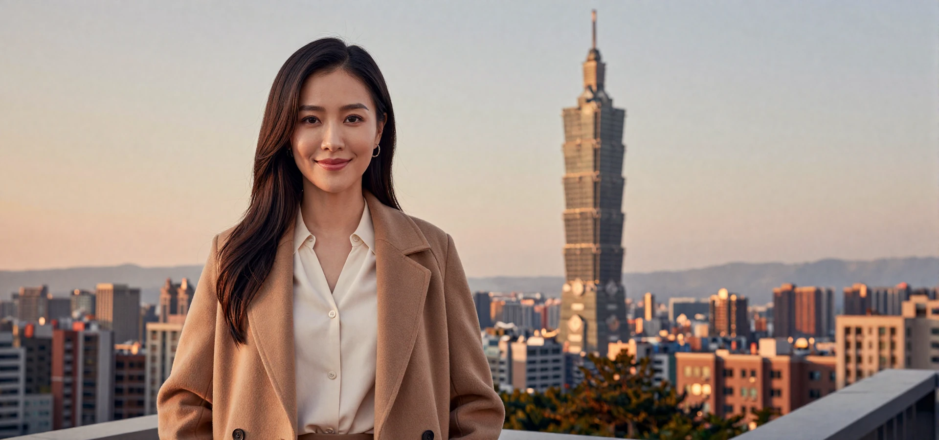 Stylish Taiwanese woman on a Taipei rooftop terrace at golden hour with Taipei 101 skyline, representing verified Taiwanese singles on Foreign Girl Date