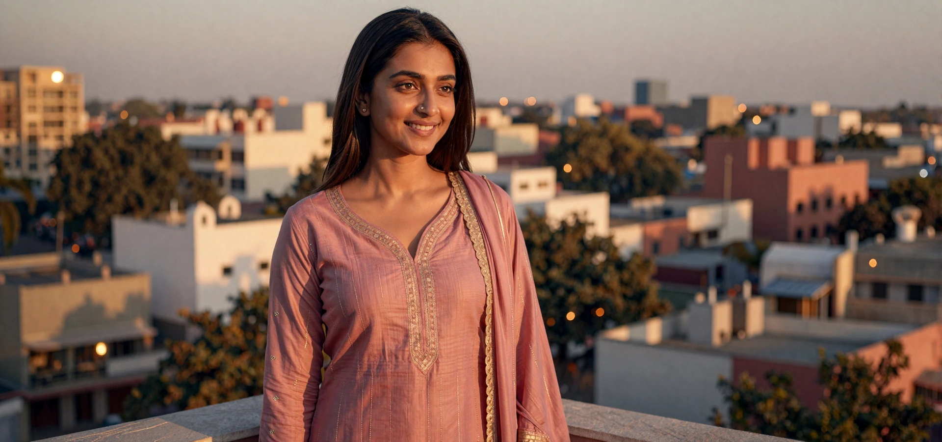 Elegant Indian woman in modern rose salwar kameez on a city terrace at golden hour, representing verified Indian singles on indian matrimonial sites