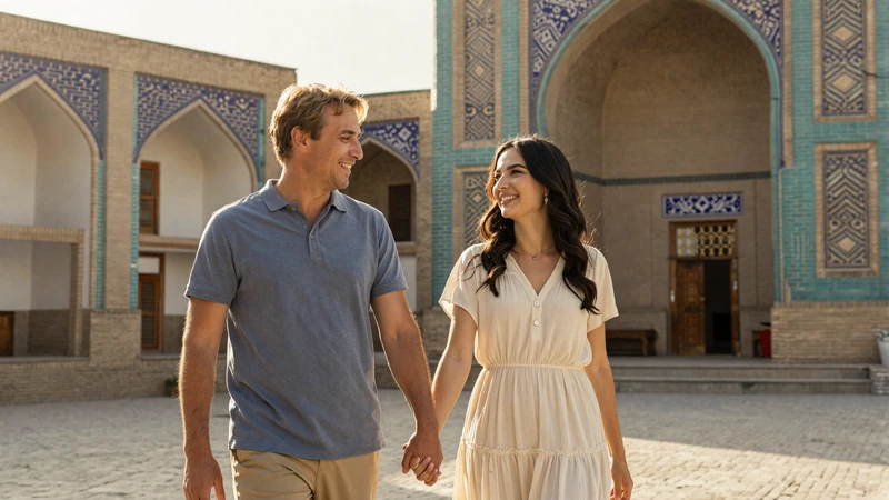 Happy interracial couple of an American man and Uzbek woman walking hand-in-hand through a sunlit Bukhara courtyard, showcasing a successful cross-cultural relationship