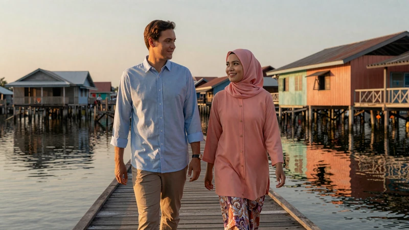 Happy interracial couple of an American man and Bruneian woman walking along Kampong Ayer water village in Brunei, showcasing a successful cross-cultural relationship