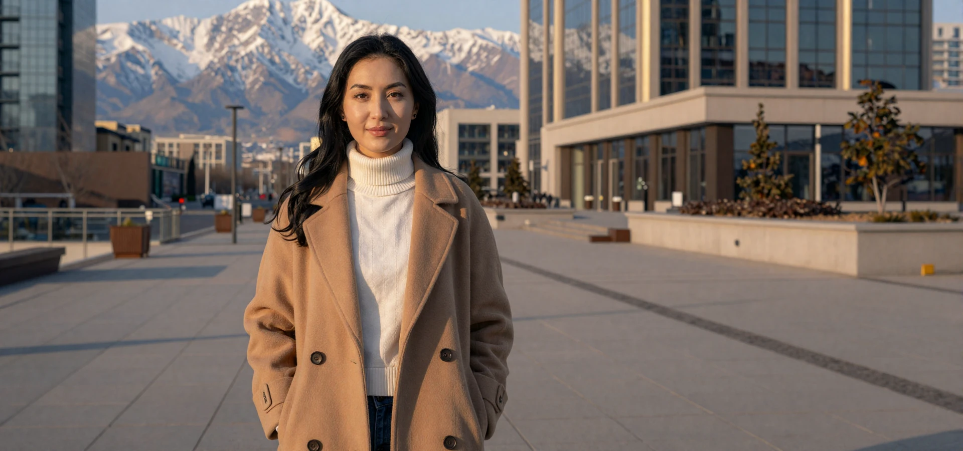 Beautiful Kazakh woman in stylish camel coat standing on modern promenade in Almaty with Tien Shan mountains backdrop, representing verified Kazakh singles on dating site