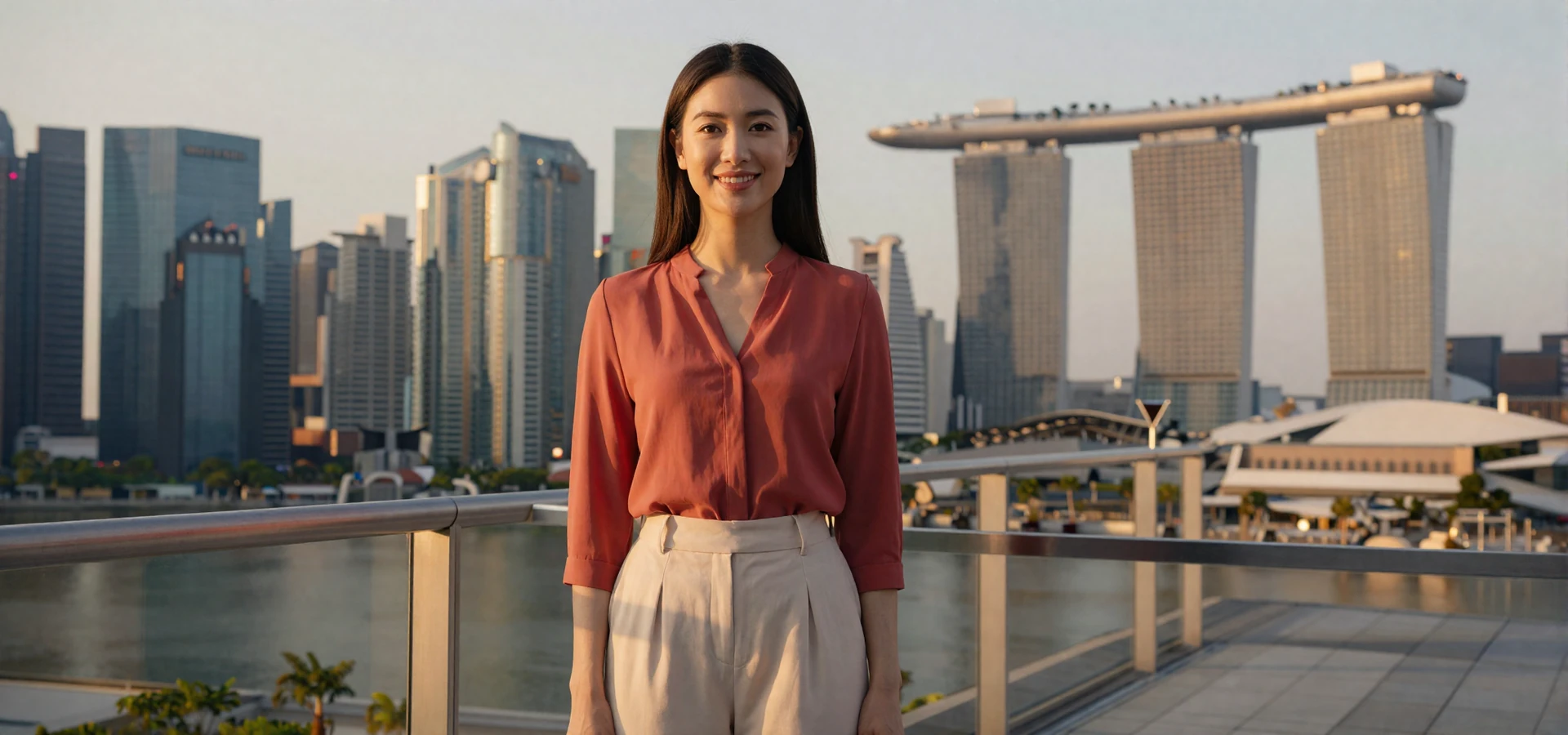 Sophisticated Singaporean woman on a rooftop terrace overlooking Marina Bay Sands skyline at sunset, representing verified Singapore singles on a dating platform