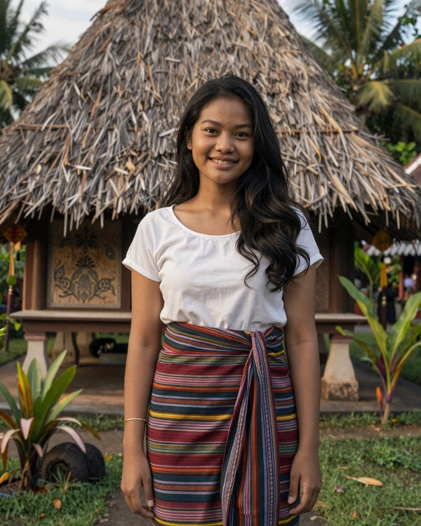 Timorese woman in traditional tais sarong standing near a sacred ancestral house, representing authentic Timorese cultural heritage and dating
