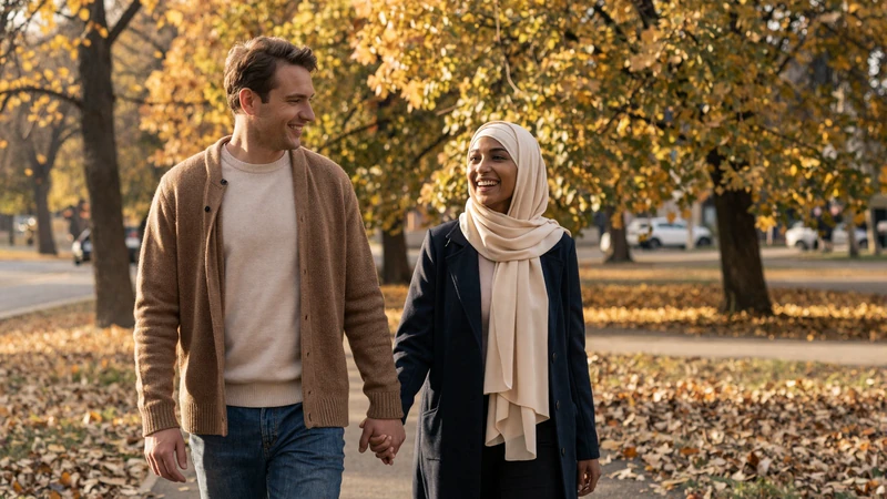 Happy interracial couple of an American man and Yemeni woman walking hand-in-hand in a park, showcasing a successful cross-cultural relationship