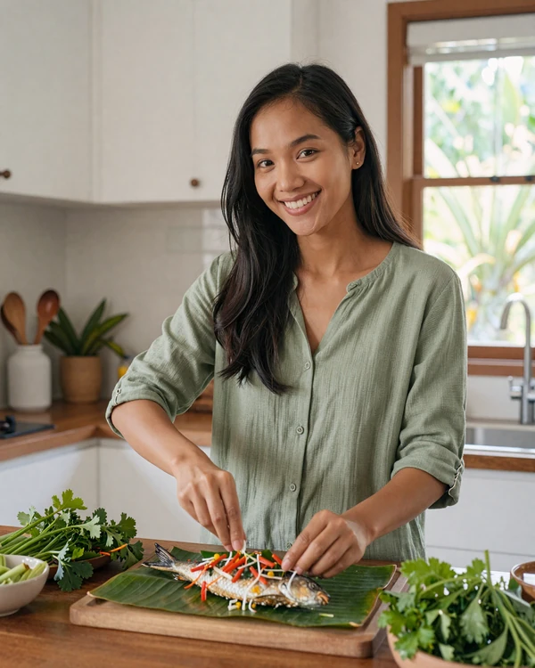 Cambodian woman preparing traditional fish amok in a bright modern kitchen, representing authentic Khmer home life and hospitality