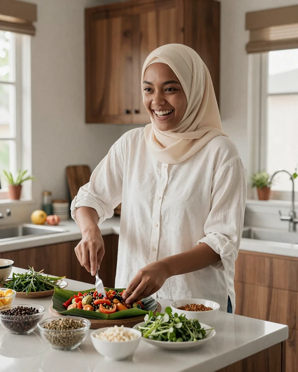 Malay woman joyfully preparing colorful Malaysian cuisine in a modern kitchen, representing the warm domestic culture of Malaysian partners