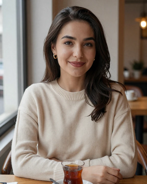 Young Turkmen woman in modern cream sweater smiling warmly in a cozy cafe, representing educated Turkmen singles open to international dating