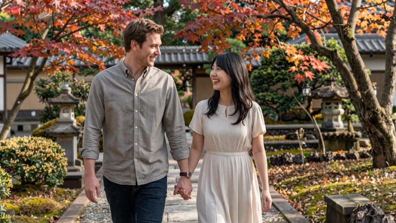 Happy interracial couple of an American man and Japanese woman walking hand-in-hand through a beautiful Japanese garden, showcasing a successful cross-cultural relationship