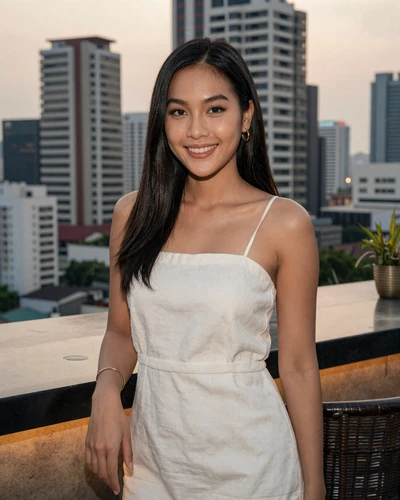 Ploy, 27, Thai woman from Bangkok in a white sundress with city skyline view