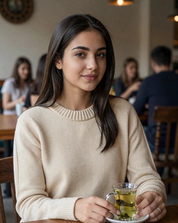 Young Tajik woman in casual cream sweater smiling warmly in a Dushanbe cafe, representing educated Tajik singles open to international dating