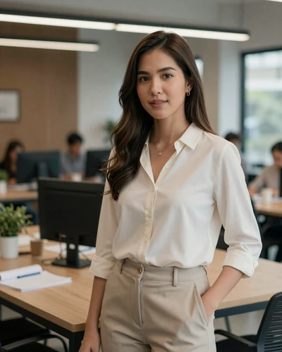 Nim, 29, Thai woman in a modern Bangkok coworking space with natural light