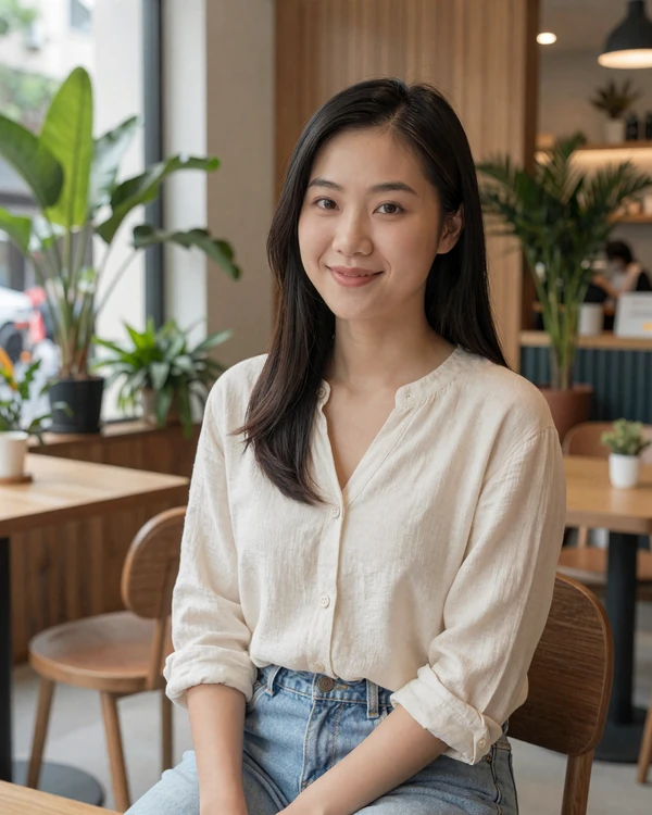 Young Vietnamese woman in casual outfit smiling warmly in a modern coffee shop, representing educated Vietnamese singles open to international dating