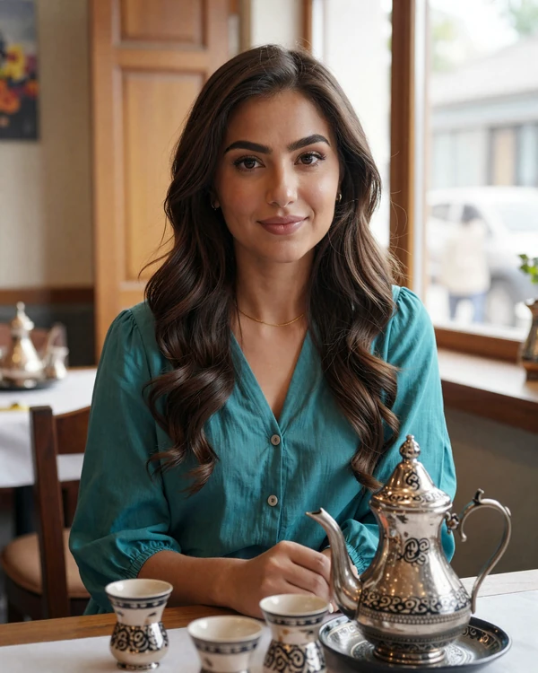 Young Uzbek woman in modern casual outfit smiling warmly in a cafe with traditional Uzbek tea set, representing educated Uzbek singles open to international dating