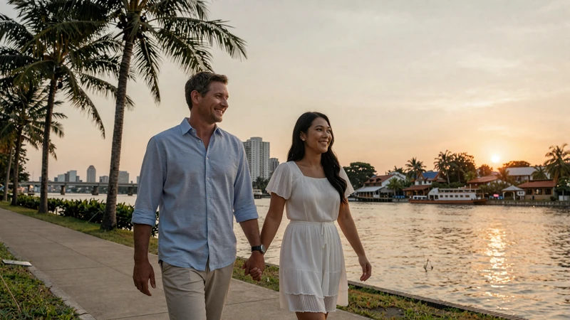 Happy interracial couple of an American man and Cambodian woman walking along the Phnom Penh riverside at sunset, showcasing a successful cross-cultural relationship