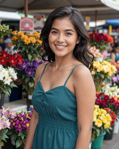Grace, 28, Filipino woman in teal sundress at colorful Davao flower market