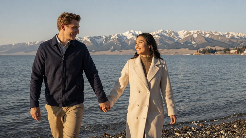 Happy interracial couple of an American man and Kyrgyz woman walking hand-in-hand along Issyk-Kul lake, showcasing a successful cross-cultural relationship