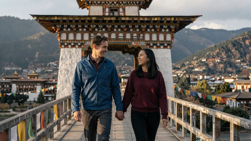 Happy interracial couple of an American man and Bhutanese woman walking hand-in-hand across a traditional covered bridge in Bhutan, showcasing a successful cross-cultural relationship