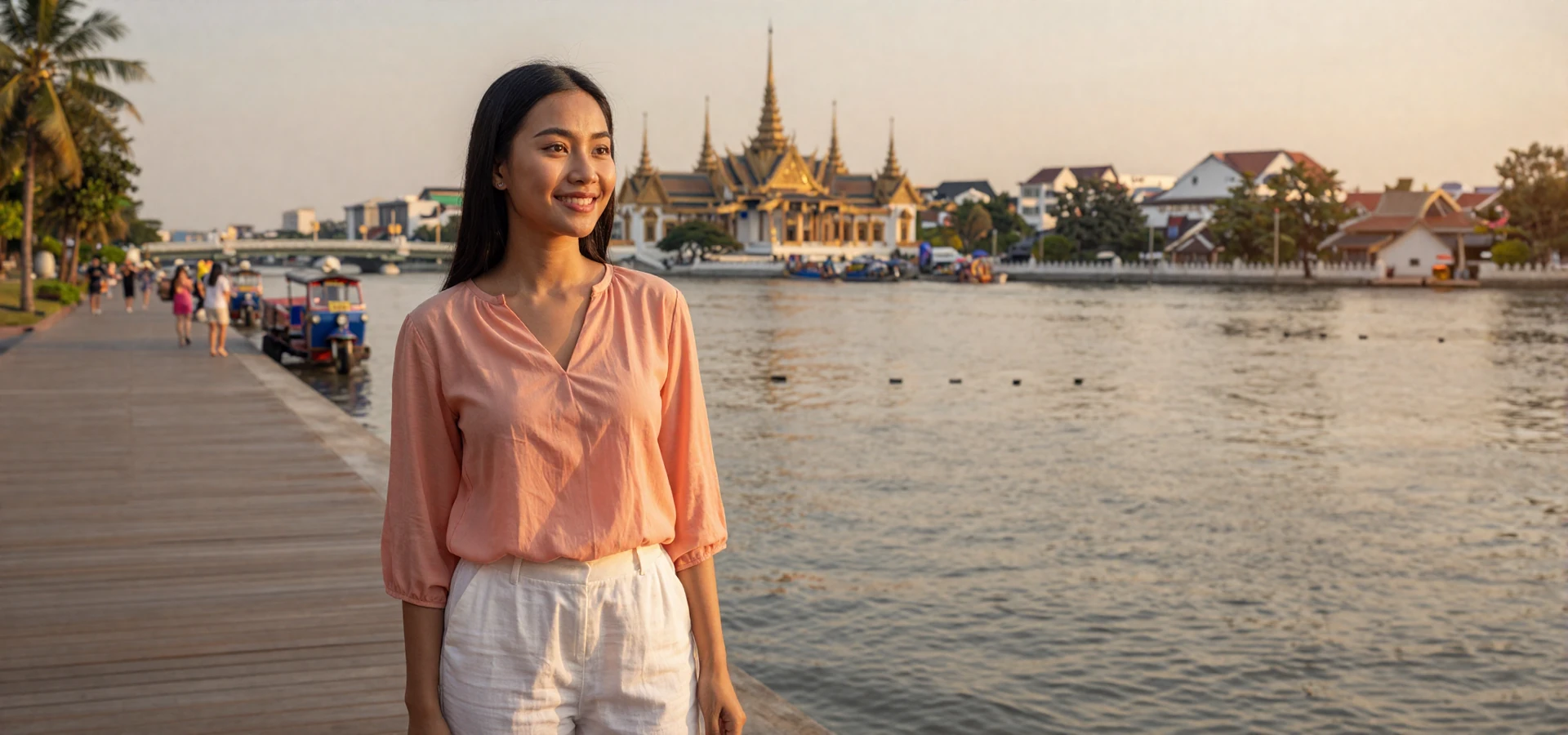 Beautiful Cambodian woman on the Phnom Penh riverside at golden hour, representing verified Cambodian singles on a dating platform