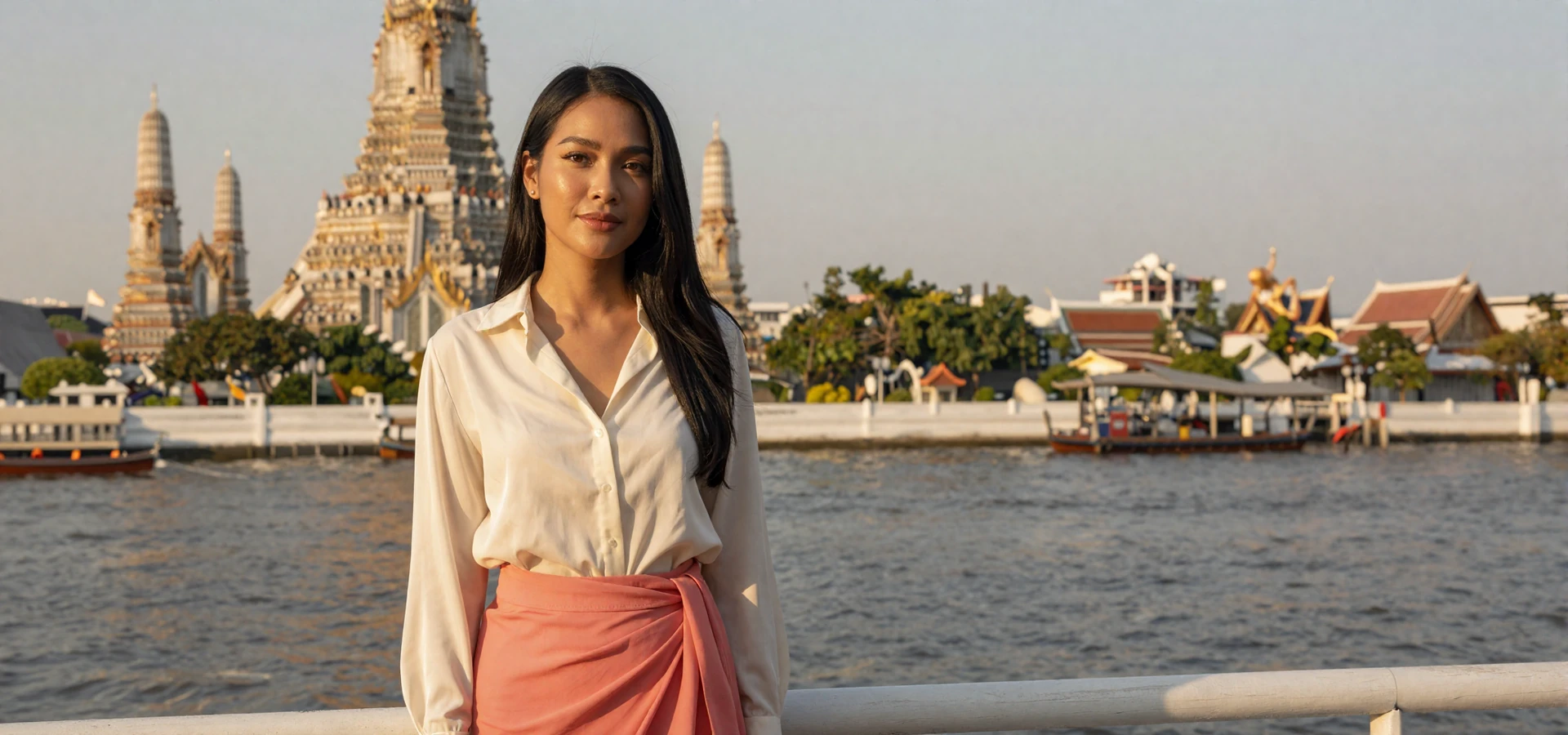 Beautiful Thai woman in elegant outfit on Bangkok riverside terrace at golden hour, representing verified Thai singles on best Thai dating sites
