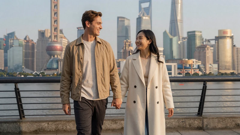 Happy interracial couple of an American man and Chinese woman walking hand-in-hand along the Shanghai Bund, showcasing a successful cross-cultural relationship