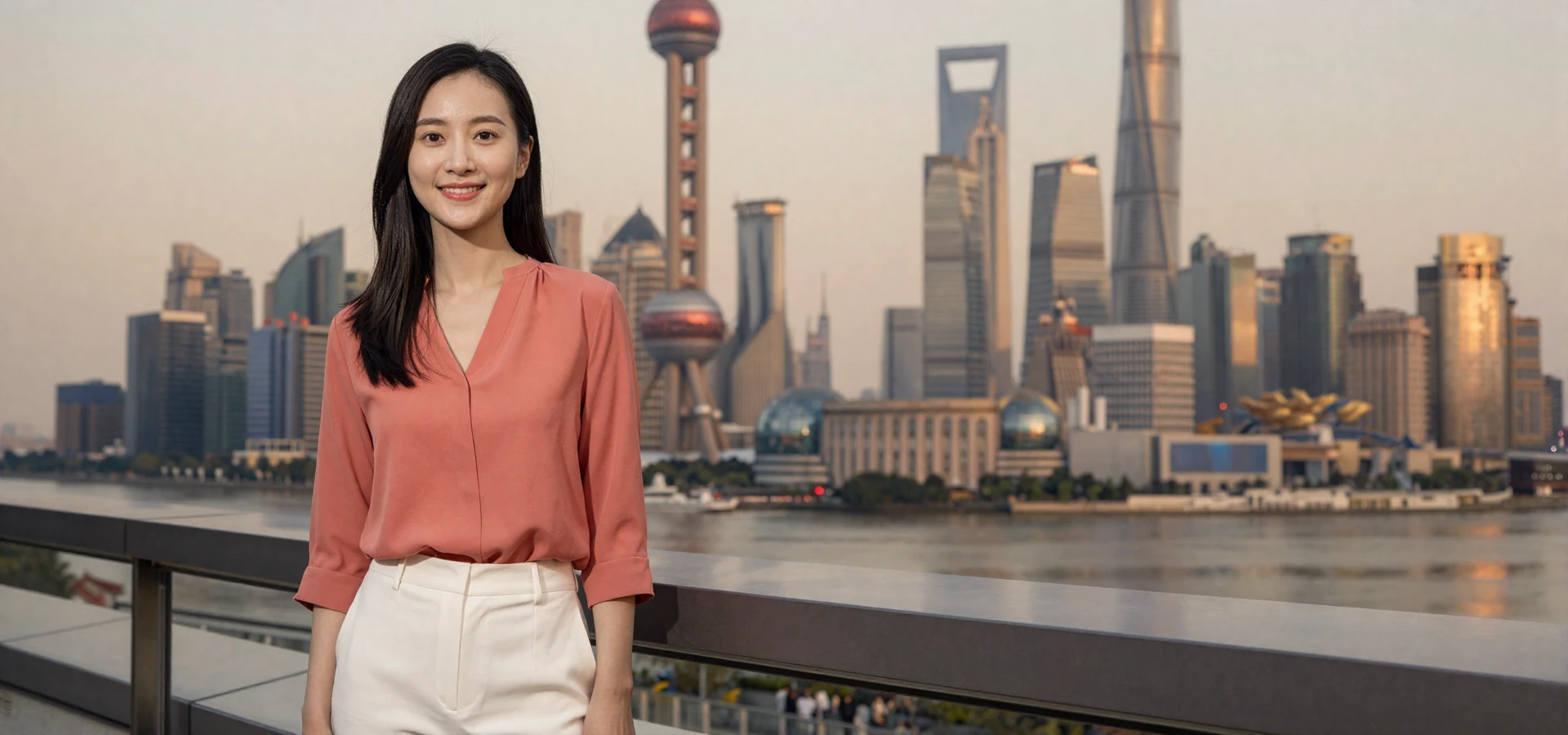 Beautiful Chinese woman in stylish coral blouse on Shanghai Bund terrace at golden hour, representing verified Chinese singles on a dating site