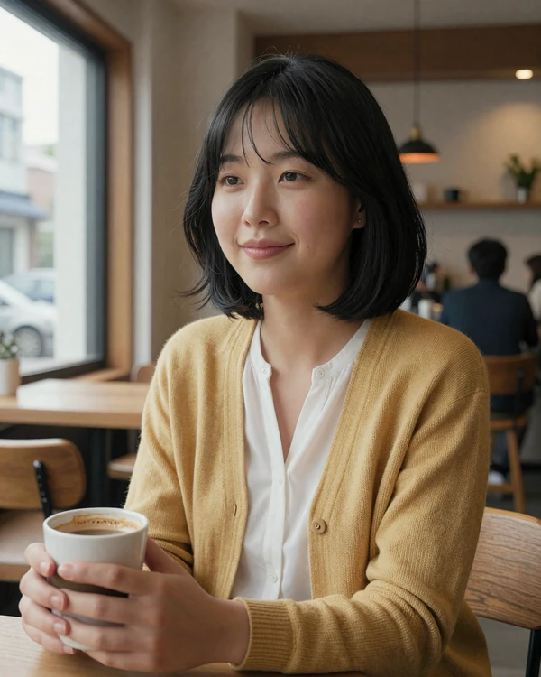 Young North Korean-origin woman in a cozy Seoul cafe, representing educated defector women open to international relationships