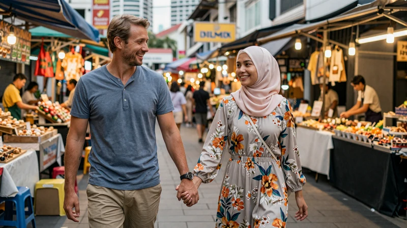 Happy interracial couple of an American man and Malaysian woman walking hand-in-hand through a colorful KL night market, showcasing a successful cross-cultural relationship