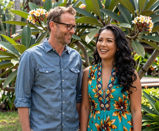 Steven from California and Rina from Indonesia smiling in a tropical garden after finding love through international dating
