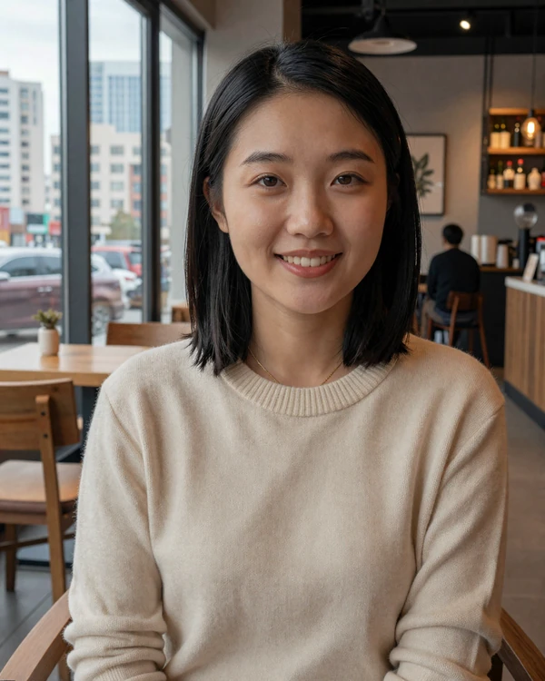Young Mongolian woman in modern cashmere sweater smiling in an Ulaanbaatar cafe, representing educated Mongolian singles open to international dating