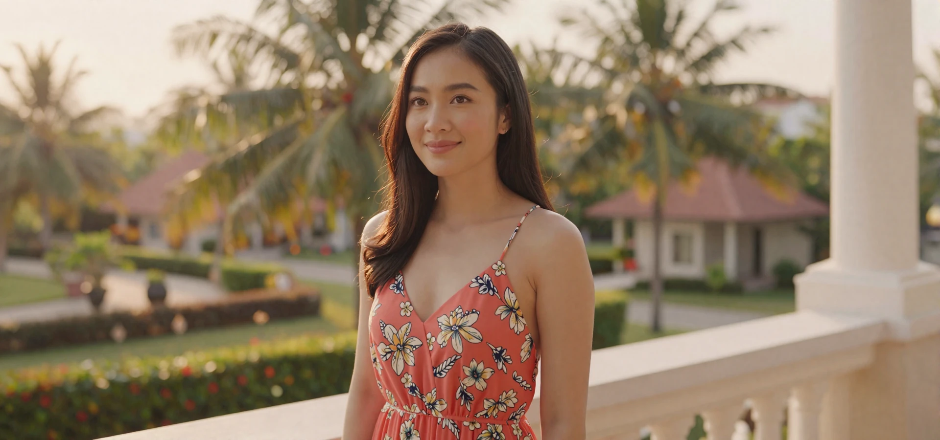 Beautiful Asian woman smiling on a sunlit terrace, ready for meaningful connections through asian female dating