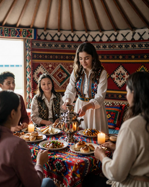 Kyrgyz woman serving tea inside a traditional yurt with colorful shyrdak rugs, showcasing warm Kyrgyz family hospitality traditions