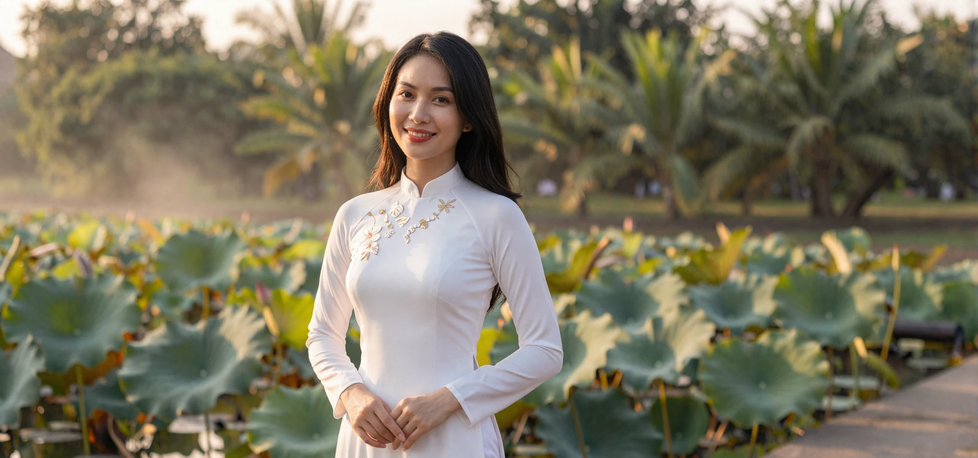 Beautiful Vietnamese woman in elegant white ao dai dress near a lotus pond, representing verified Vietnamese singles on a dating site