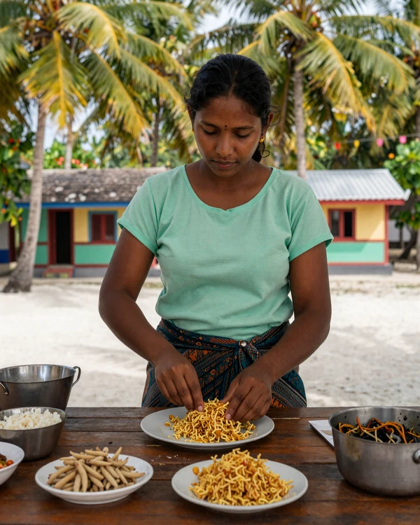 Maldivian woman preparing traditional Mas Huni breakfast on a tropical island, showcasing authentic daily life and culinary traditions in the Maldives