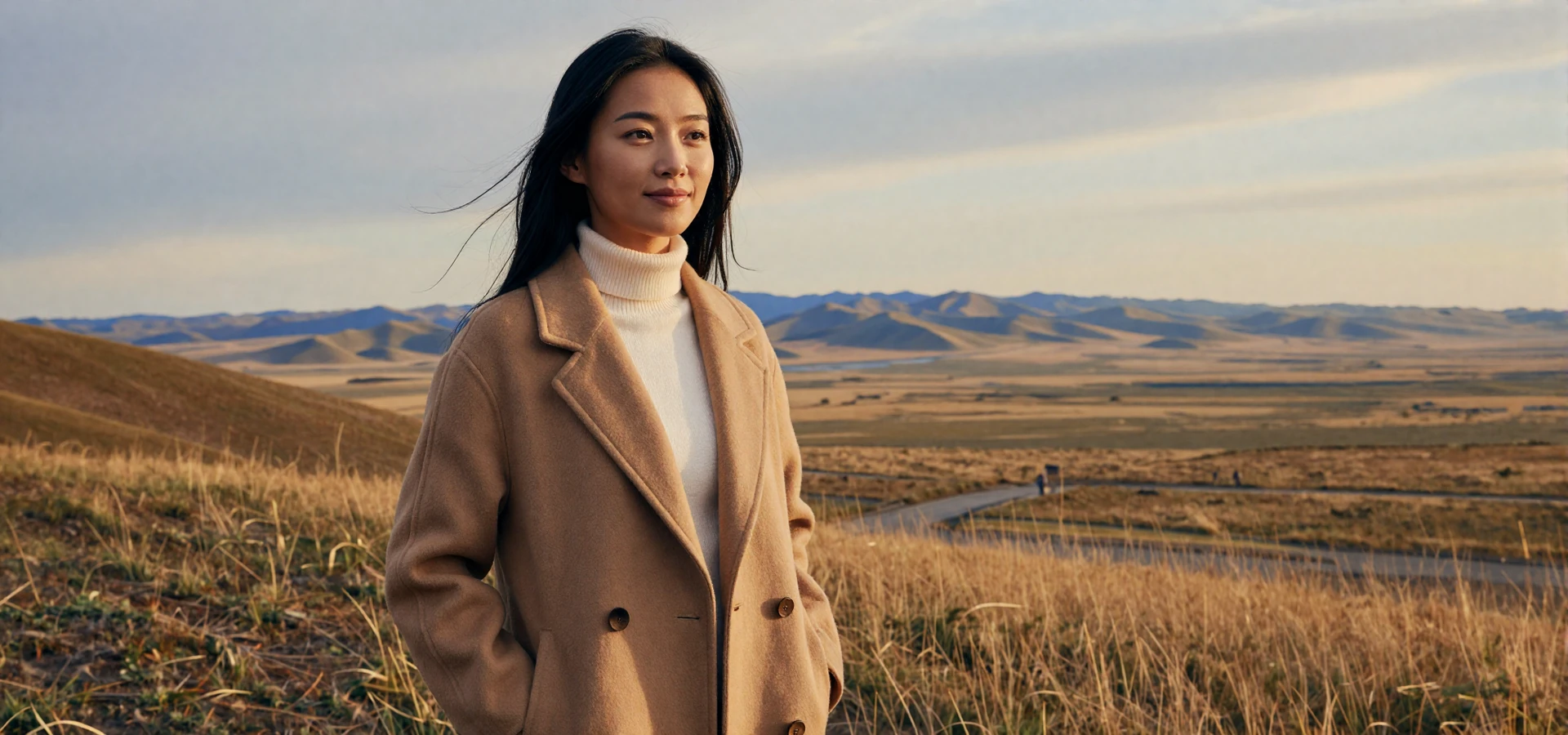 Beautiful Mongolian woman in modern camel coat standing on the vast Mongolian steppe at golden hour, representing verified Mongolian singles on Foreign Girl Date