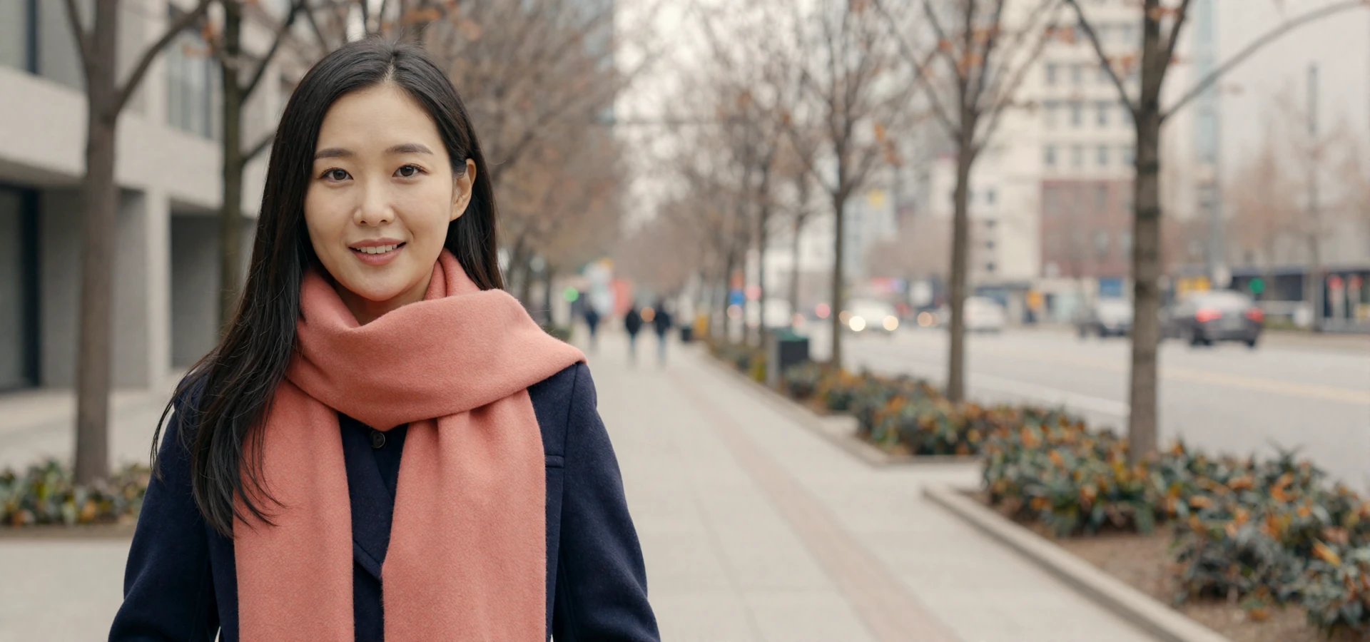 Courageous North Korean woman in modern winter attire on a city sidewalk, representing resilient North Korean singles seeking meaningful relationships