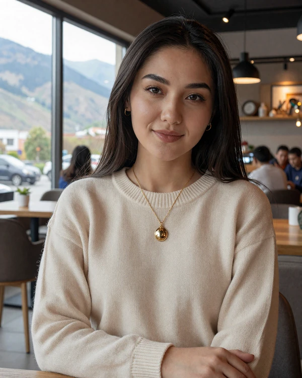 Young Kazakh woman in cream sweater smiling warmly in modern Almaty cafe, representing educated Kazakh singles open to international dating