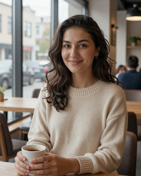 Young Kyrgyz woman in casual sweater smiling in a modern Bishkek cafe, representing educated Kyrgyz singles open to international dating