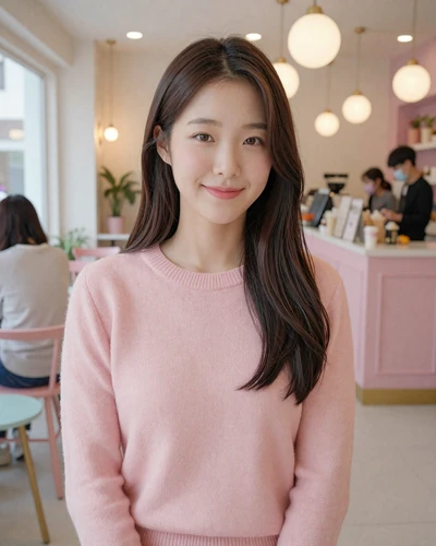 Jiyeon, 26, Korean woman from Seoul in a pink sweater at a trendy cafe