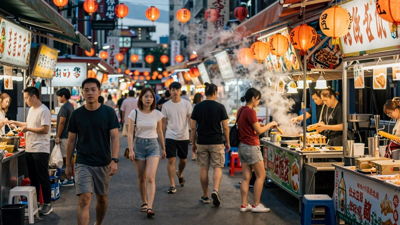 Vibrant Taipei night market with colorful food stalls and lantern lights, a popular destination for Taiwanese dating culture