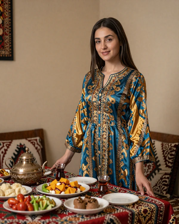 Tajik woman in traditional colorful atlas silk dress beside a beautifully set dastarkhan table with traditional food, representing Tajik hospitality and cultural richness