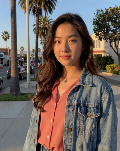 Mina, 24, Korean American woman on a sunny Los Angeles street with palm trees