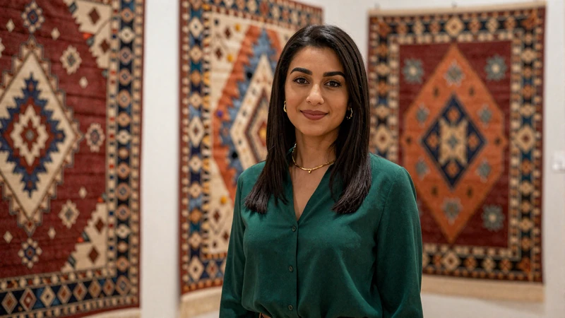 Turkmen woman in emerald blouse admiring handwoven Central Asian carpets in art gallery, representing Turkmen cultural heritage and craftsmanship