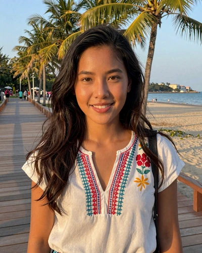 Ploy, 23, Thai woman in white embroidered top near Phuket beach boardwalk