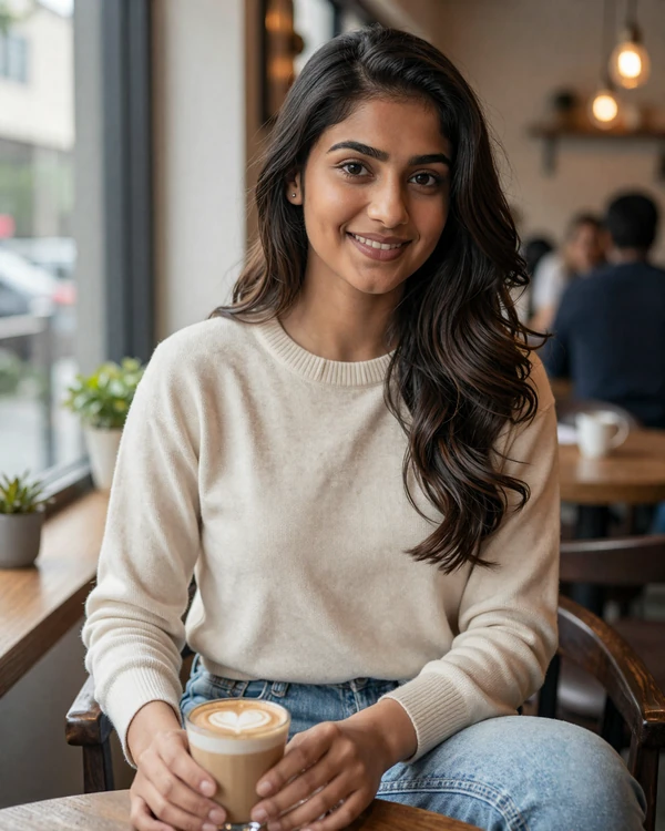 Young Pakistani woman in casual modern outfit smiling warmly in a cafe, representing modern Pakistani singles open to international dating