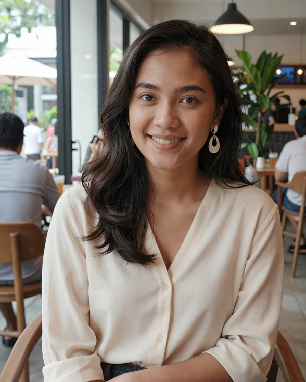 Young Indonesian woman in a modern Jakarta cafe smiling warmly, representing educated Indonesian singles open to international dating