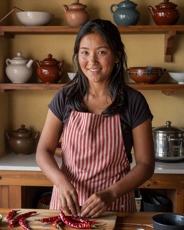 Bhutanese woman cooking traditional ema datshi in a warm kitchen, representing the authentic home-centered lifestyle of Bhutanese partners