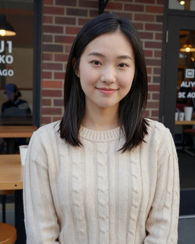 Jia, 26, Chinese American woman at a San Francisco cafe smiling warmly